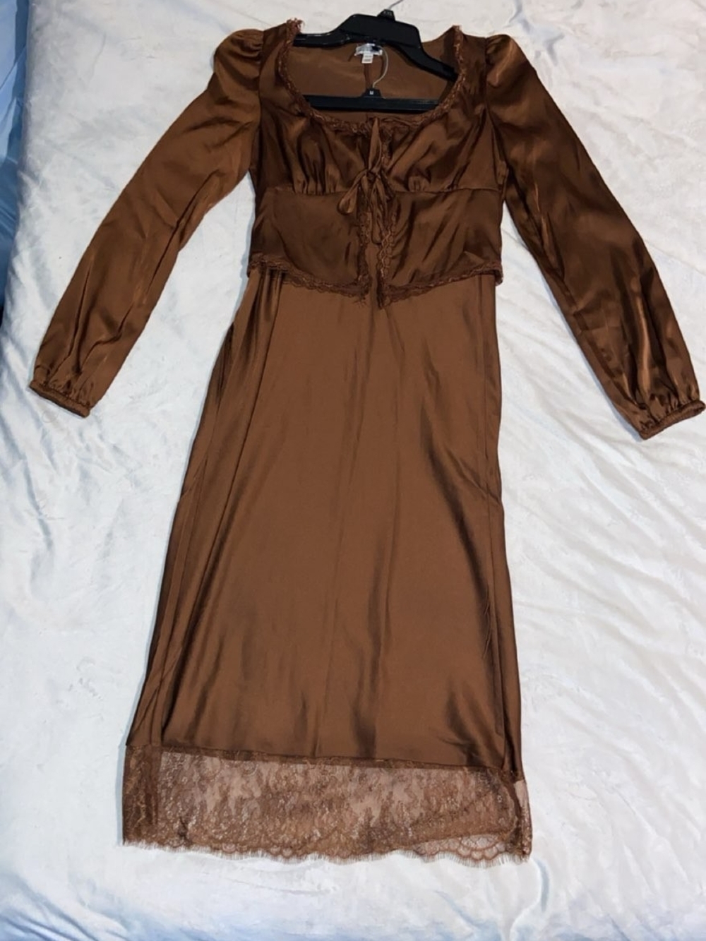 love, Fire Brown Satin Long Sleeve Midi Dress with Lace Trim